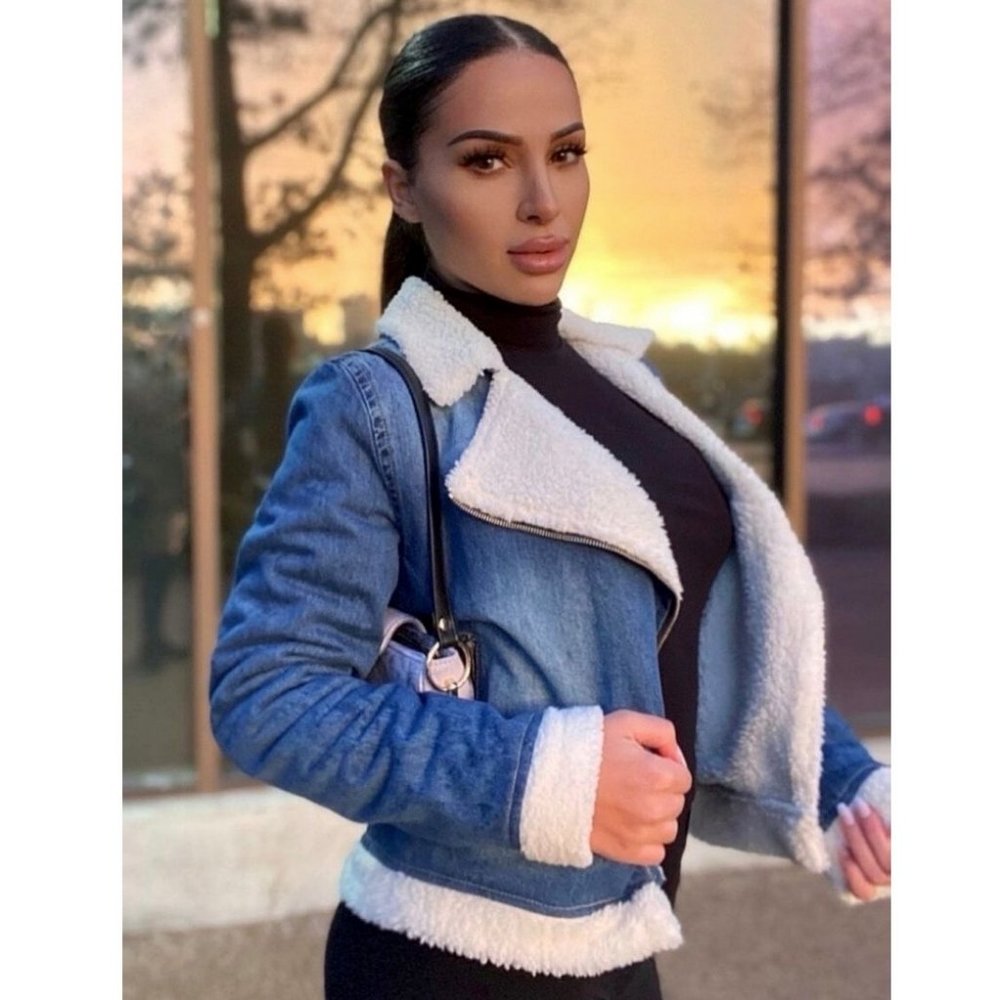 Denim and Teddy Bear Fur Long Sleeve Biker Jacket - Picture 5 of 13